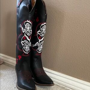 dingo Black Over-the-Knee Western Boots with Red & White Embroidery